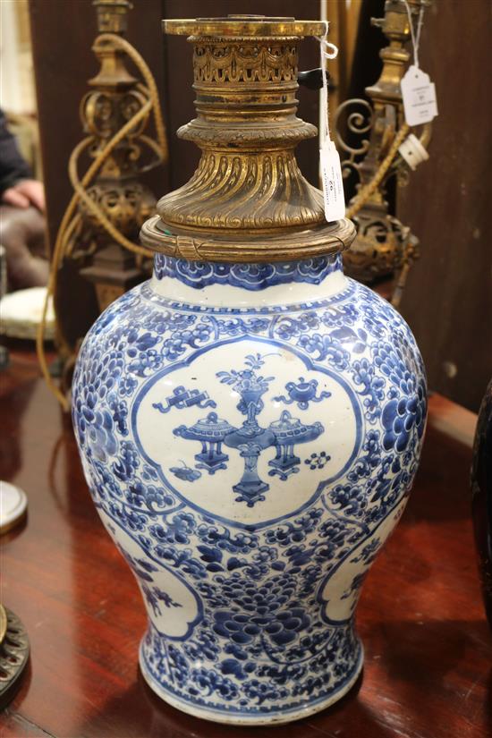A Chinese blue and white antiques and lotus vase, Qing dynasty, Kangxi period, height 13.75in.